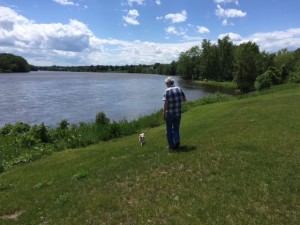 Mocha and Steve walking on the Hudson River
